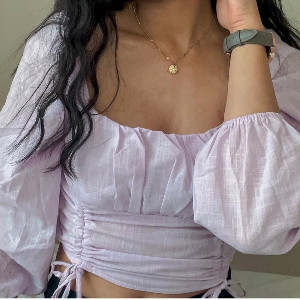 SHEIN White Puff Sleeve Ruched Crop Blouse XS